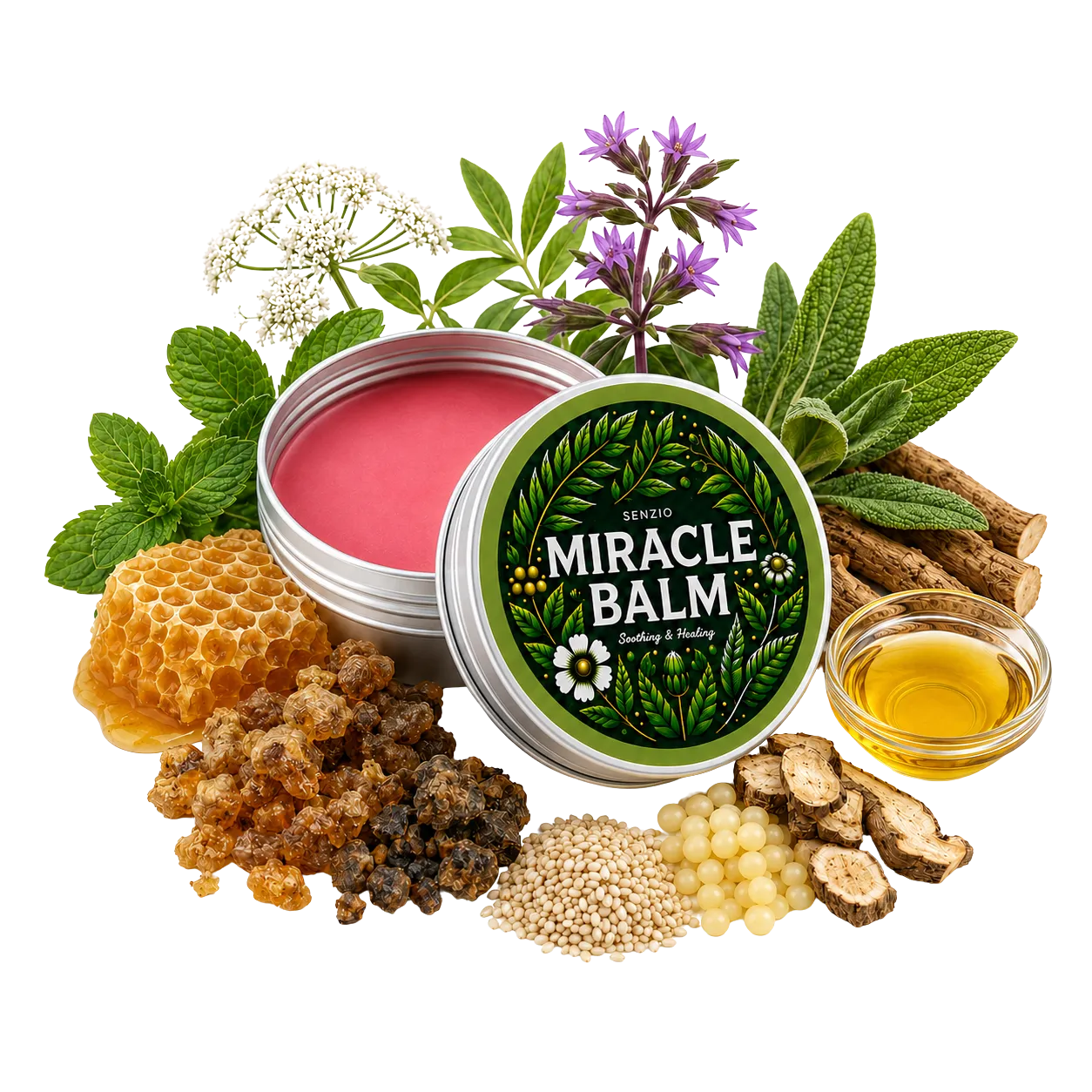 Lata de Senzio Miracle Balm abierta y cerrada entre hierbas, panal, resinas y raíces