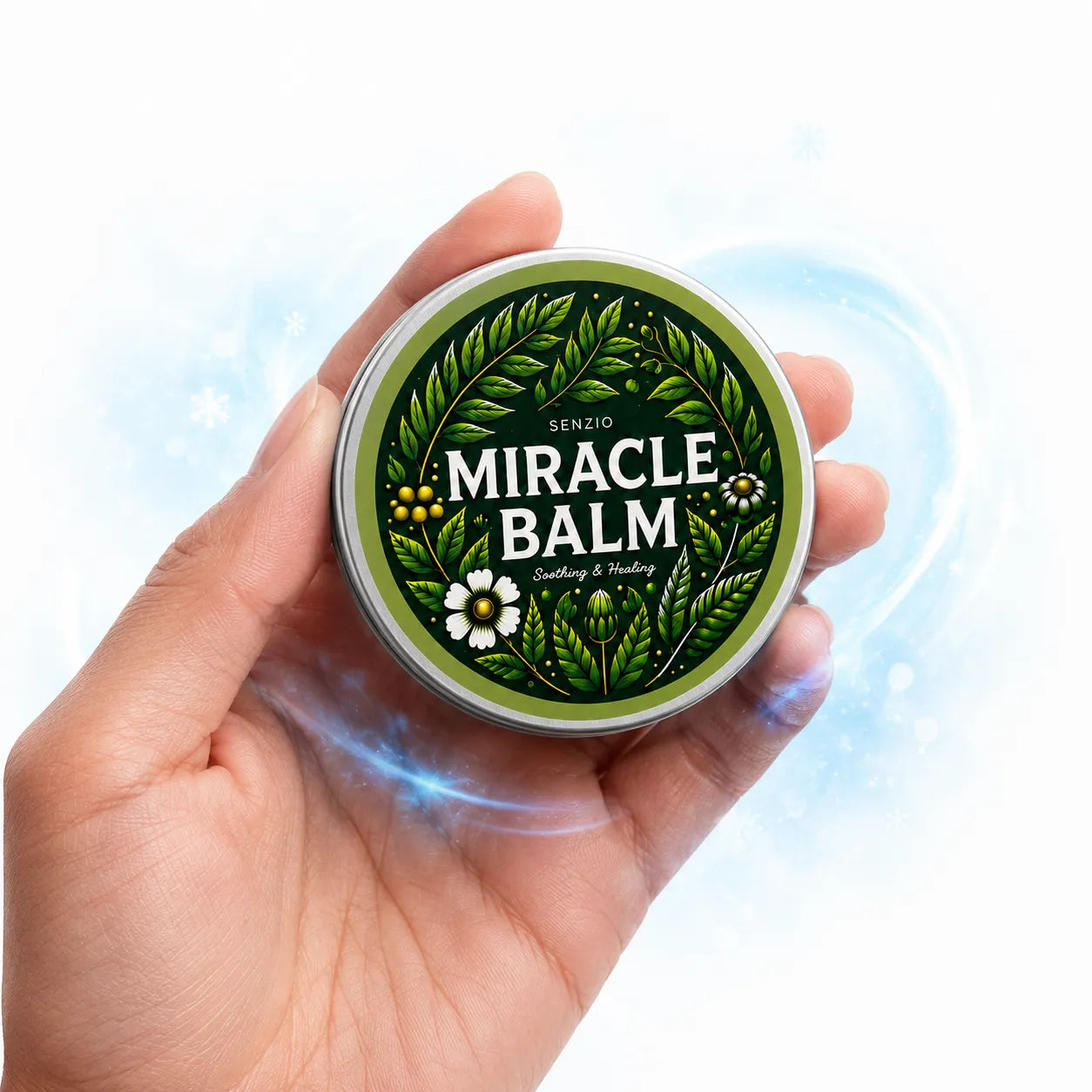Mano sosteniendo la lata cerrada de Senzio Miracle Balm