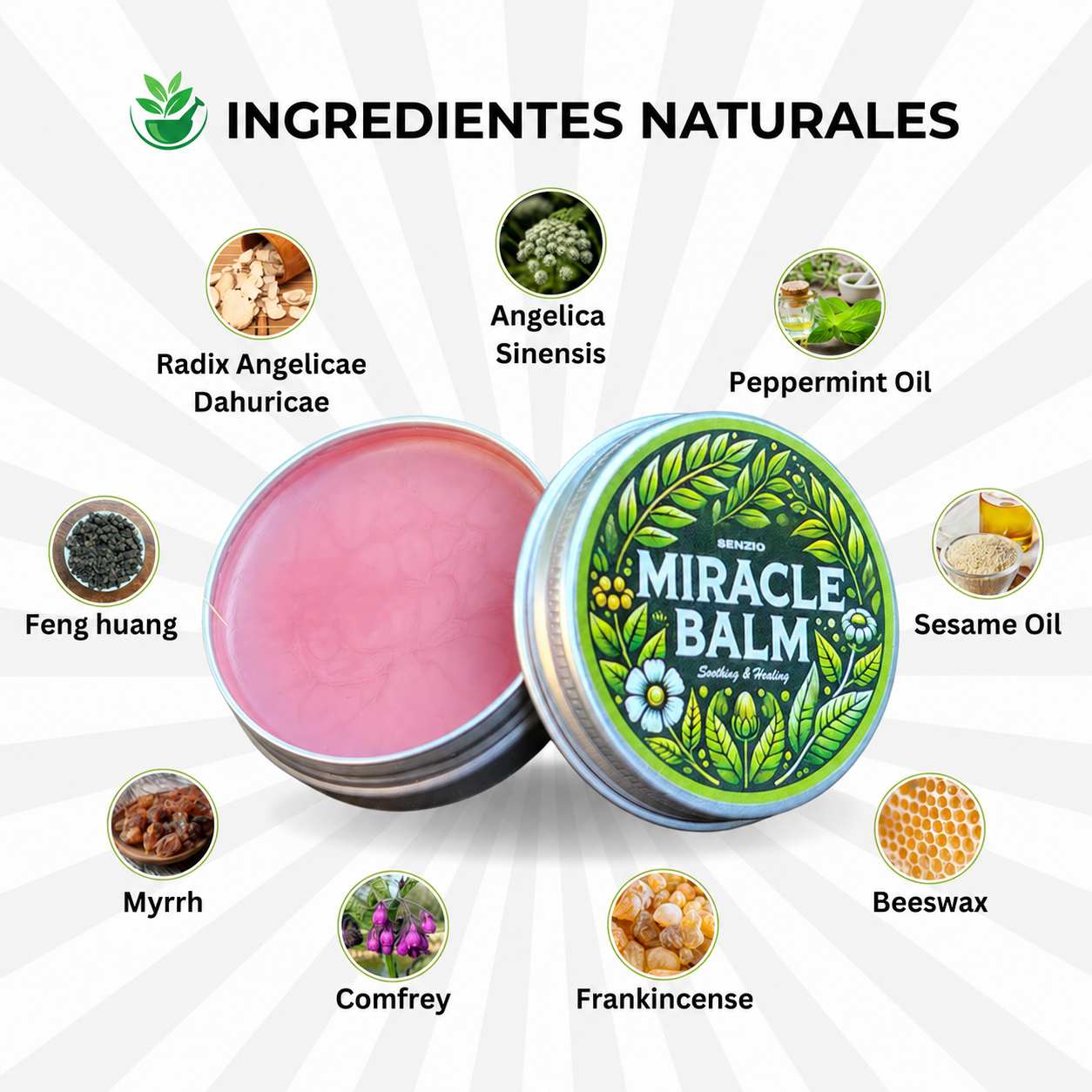 Infografía de ingredientes de Senzio Miracle Balm