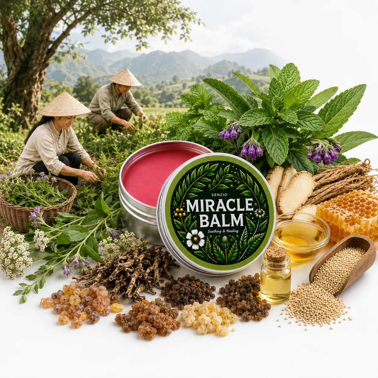 Dos agricultoras cosechando hierbas medicinales junto a una lata de Senzio Miracle Balm