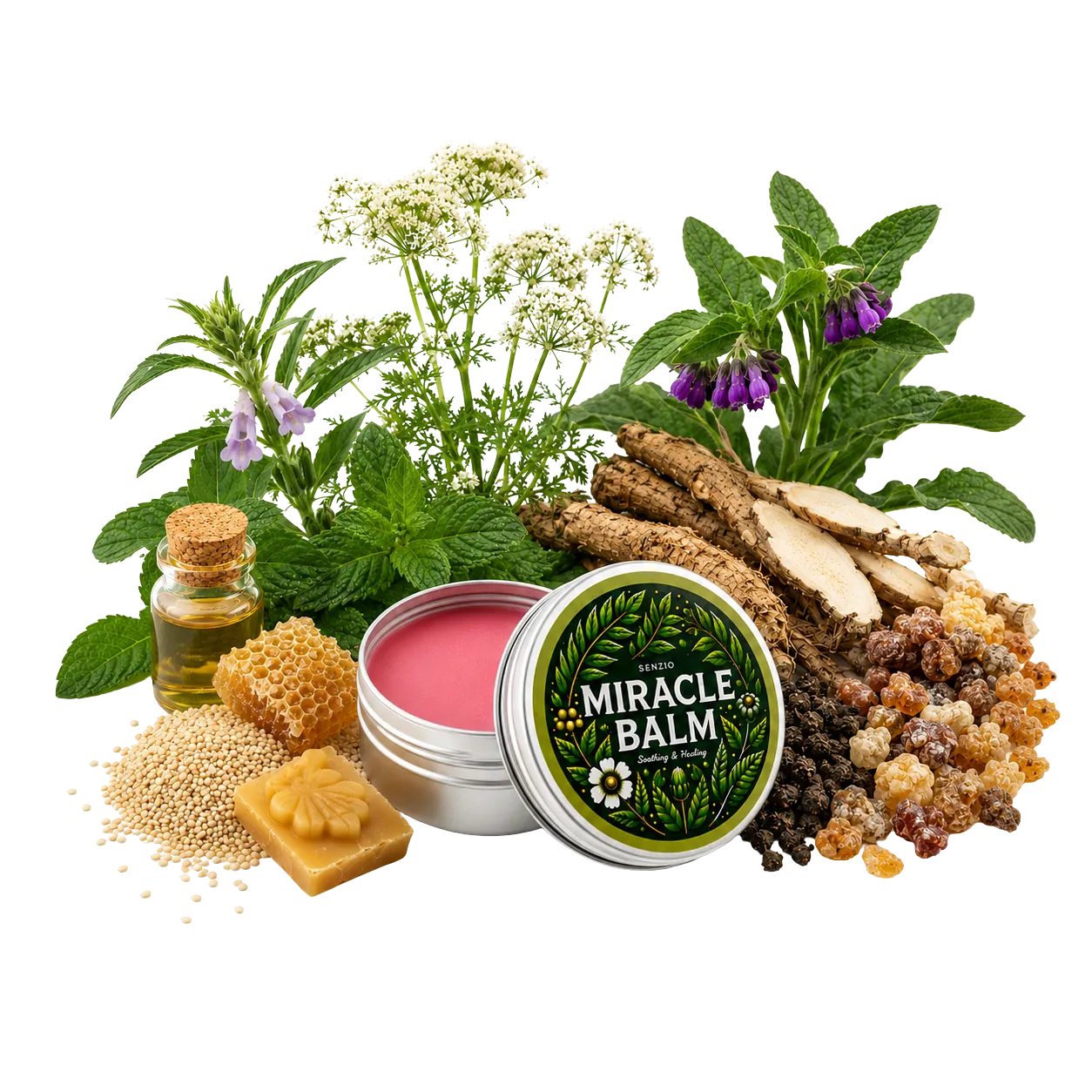 Lata de Senzio Miracle Balm junto a aceite, panal, resinas y raíces