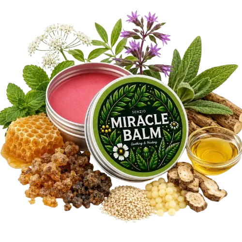 Lata de Senzio Miracle Balm abierta rodeada de hierbas, panal, resinas y aceites naturales