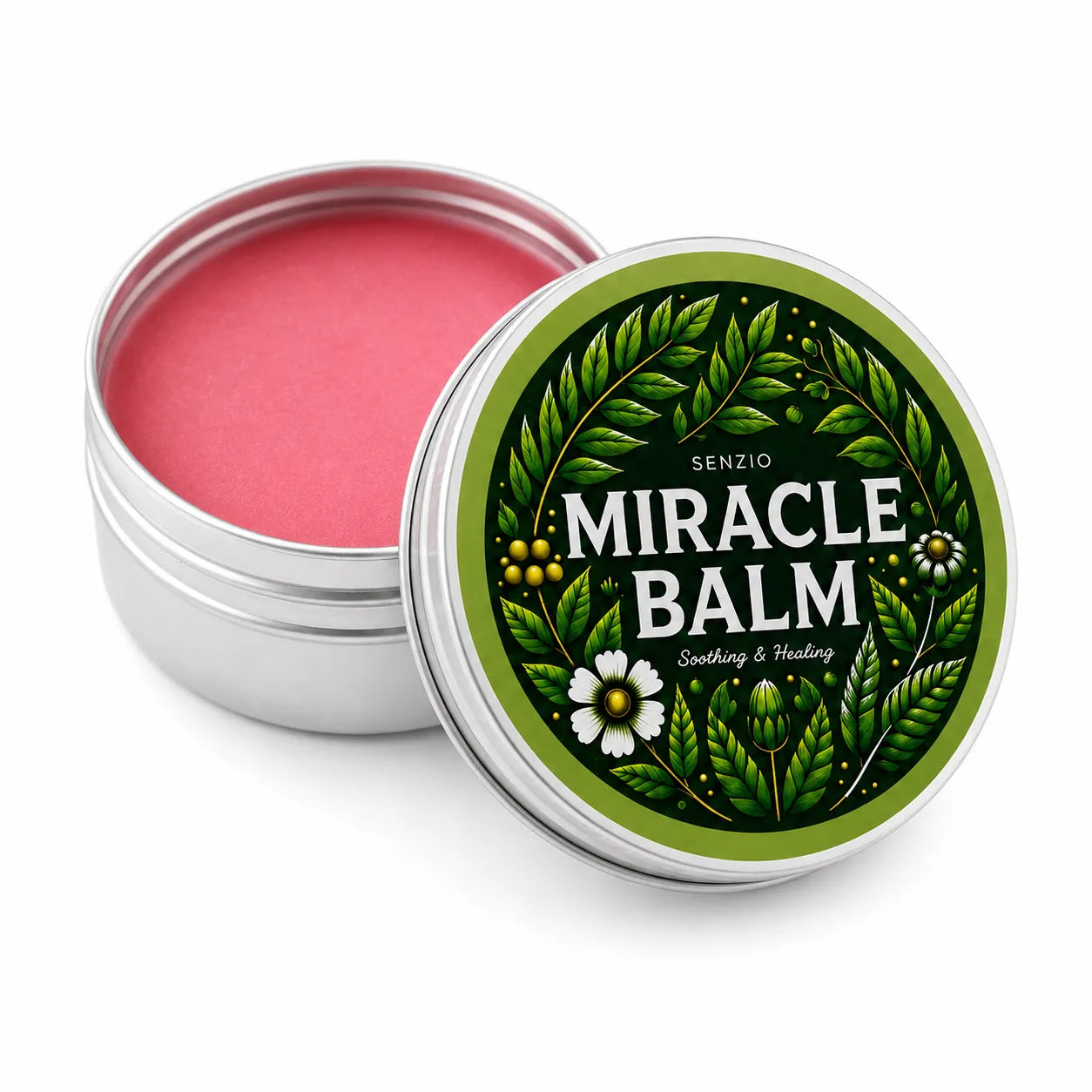 Lata de Senzio Miracle Balm abierta, vista en ángulo