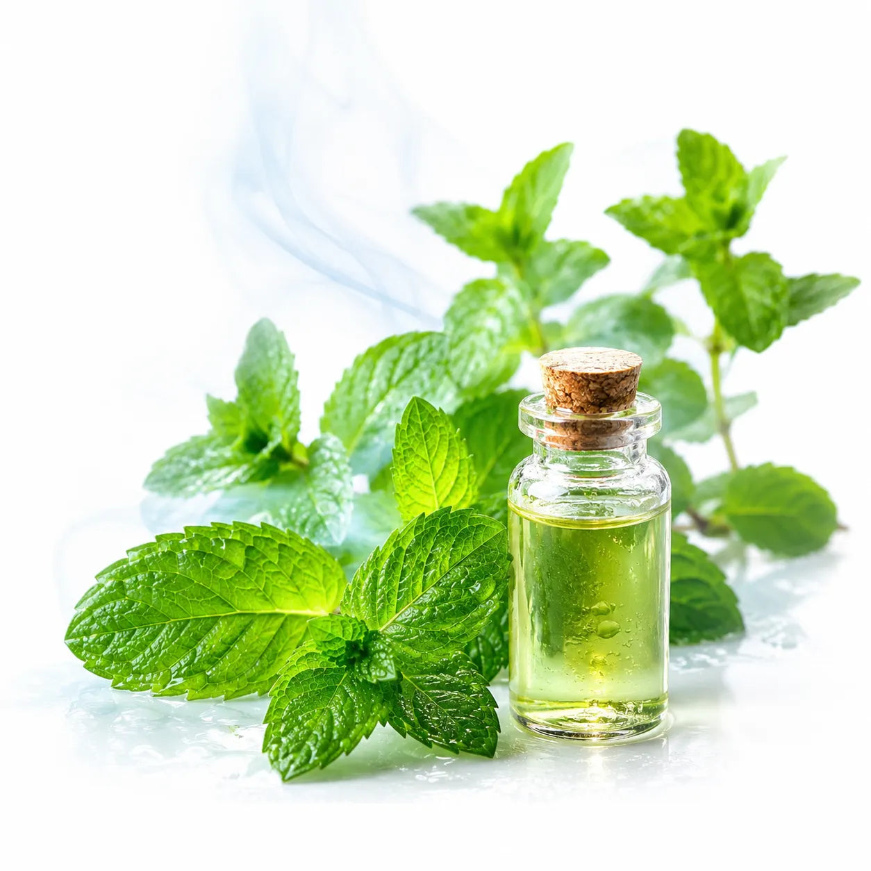 Frasco de aceite de menta rodeado de hojas frescas