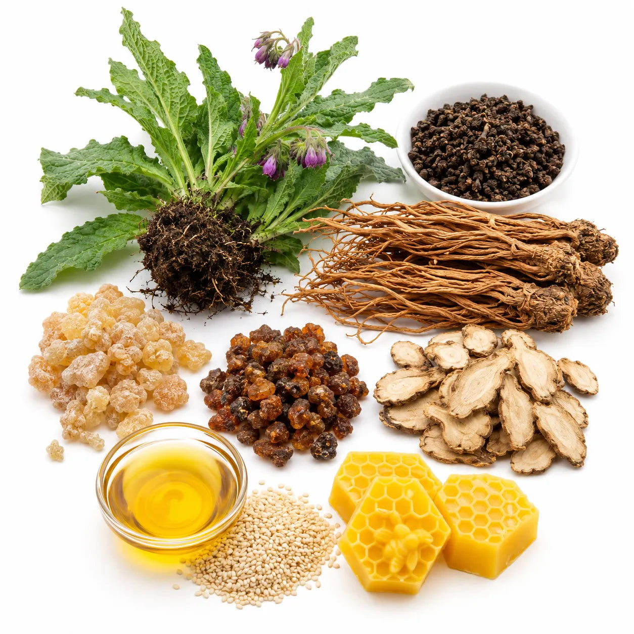 Conjunto de hierbas, raíces, resinas, panal y aceites de la fórmula