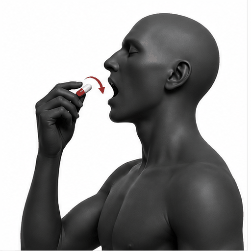 Ilustración de un comprimido que se traga y llega al estómago